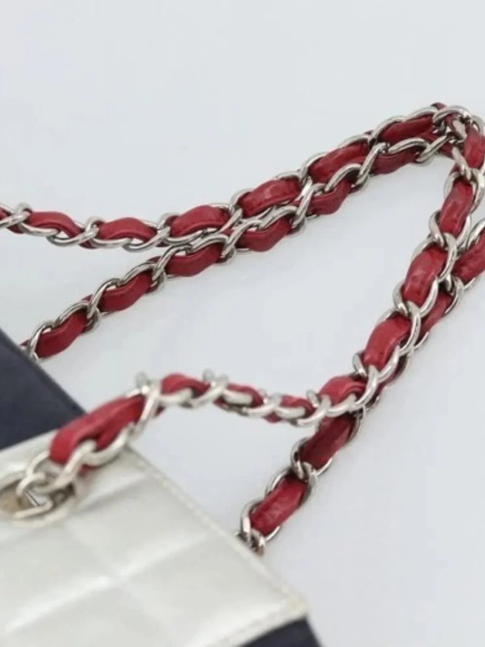 CHANEL Choco Bar Chain Tote Bag No5 Canvas Navy Silver CC Auth 188914